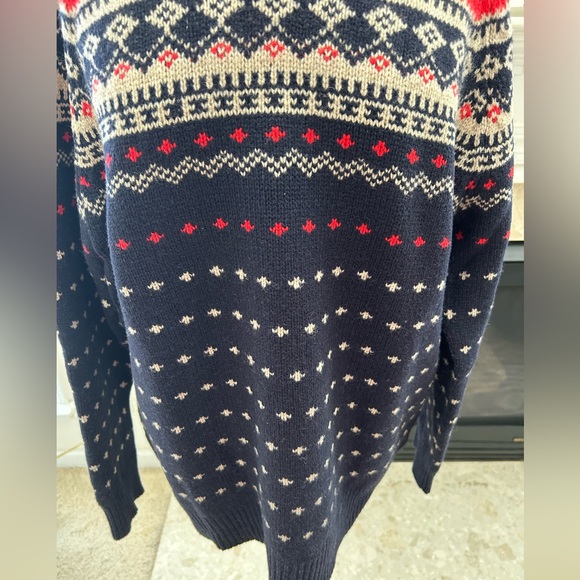 J. Crew Men's Navy and Red Fair Isle Lambs Wool Sweater - Picture 4 of 13